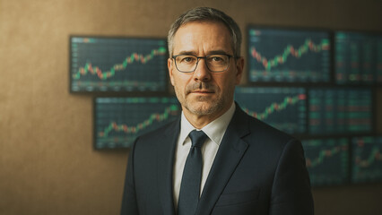 A determined businessman, exudes confidence against a backdrop of stock market charts.