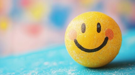 A yellow smiley face bath bomb on a blue background.