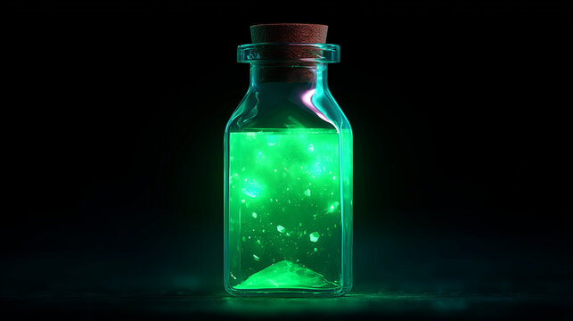 glowing green potion bottle with sparkling liquid, fantasy magic elixir illustration for Halloween, witchcraft, and mystical design
