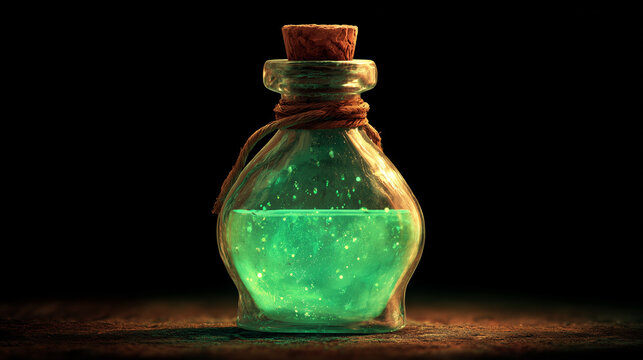 glowing green potion bottle with sparkling liquid, fantasy magic elixir illustration for Halloween, witchcraft, and mystical design