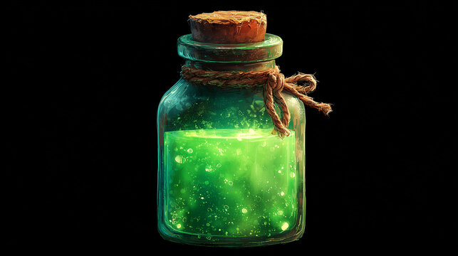 glowing green potion bottle with sparkling liquid, fantasy magic elixir illustration for Halloween, witchcraft, and mystical design