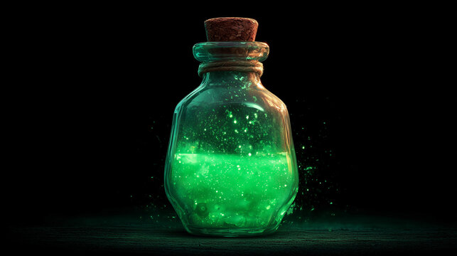 glowing green potion bottle with sparkling liquid, fantasy magic elixir illustration for Halloween, witchcraft, and mystical design