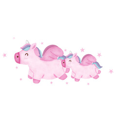 Two pink unicorns are flying in the sky
