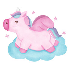 A pink unicorn with a blue tail is laying on a cloud