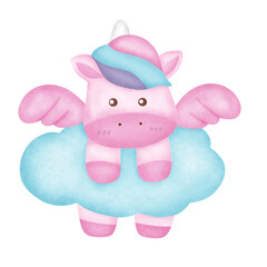 A pink unicorn with a blue cloud on its back