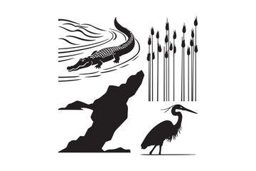 Alligator and heron in a marshy wetland scene
