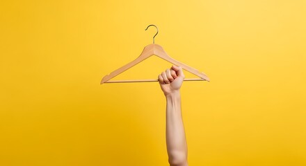 Hand Holding Wooden Clothes Hanger Against Yellow Background