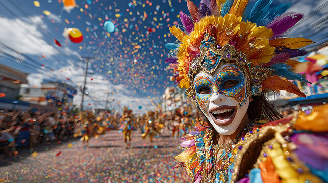 MassKara Festival street dancers in Bacolod, Philippines. Performers in elaborate costumes with oversized smiling masks twirling and moving energetically. 
