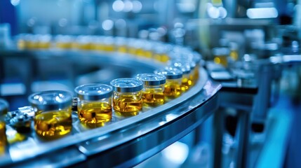 A row of bottles on a conveyor belt in a factory setting.
