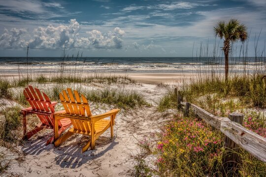 Tropical Coastal Retreat: Sandy Shoreline with Lounge Chair on Amelia Island, Florida
