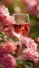 Pink wine glass surrounded by roses