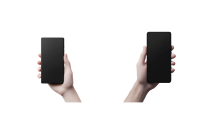 Dual hands holding smartphones isolated on black background