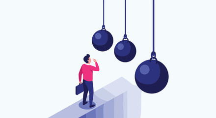 A man observes a destructive pendulum poised to strike the edge of a platform.