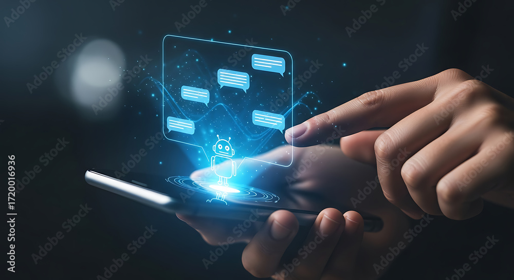 Wall mural hand using a smartphone with a chatbot assistant app and message bubbles floating above the screen.