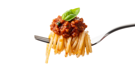 A forkful of spaghetti with bolognese sauce isolated on transparent background, showcasing the classic italian dish with perfectly cooked pasta and rich meat sauce, topped with a fresh basil leaf