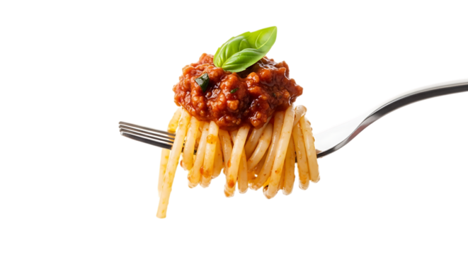 A forkful of spaghetti with bolognese sauce isolated on transparent background, showcasing the classic italian dish with perfectly cooked pasta and rich meat sauce, topped with a fresh basil leaf