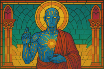 A stylized, stained-glass depiction of a blue, robotic figure with glowing circuitry, adorned in a red robe, radiating a sun-like emblem from its chest, set ...