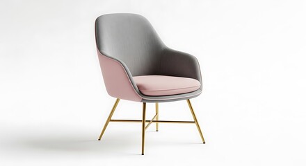Modern Armchair with Pink Cushion and Gold Legs on White Background