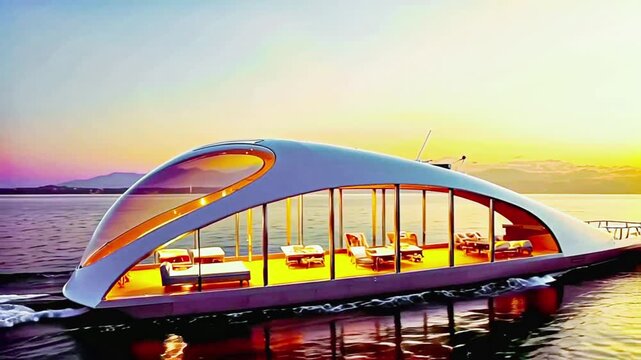 A futuristic-looking floating structure, likely a houseboat or a luxury yacht, with a sleek, aerodynamic design and a large, curved window