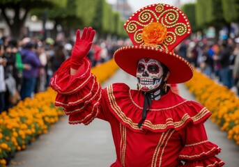 Vibrant Red La Catrina Waves Gracefully Down a Path of Marigolds.