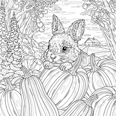 Fototapeta premium Rabbit and pumpkins in the yard.Fall.Coloring book antistress for children and adults. 