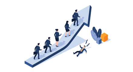 Illustrating the climb up the corporate ladder with business professionals progressing upwards on an arrow graph while one person falls behind and a bird icon represents communication.