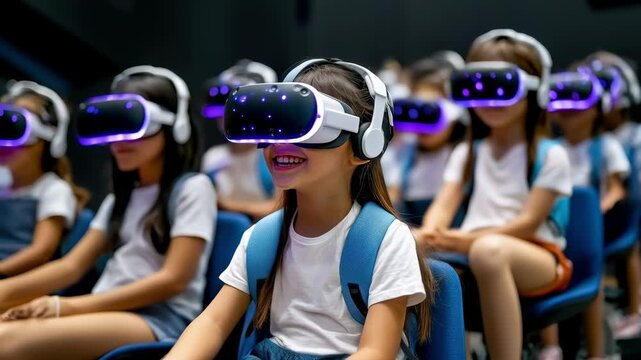 Virtual reality classroom children with headset for education and learning technology future immersive school students training simulation digital