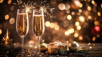Two champagne glasses with sparklers and a Christmas tree on a wooden table with a bokeh background.