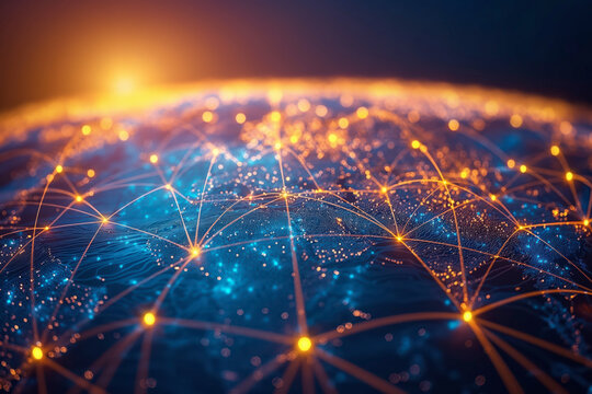 A digital abstract representation of a futuristic world network with glowing connected lines