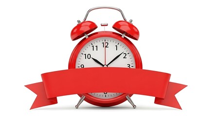 Red Alarm Clock with Blank Ribbon Banner on White Background