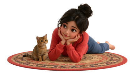 Animated Girl with Cat on Rug with transparent background. Transparent Background kitten animal isolated on a transparent background