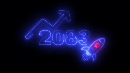 Blue neon 2083 year with upward arrow graph and rocket ship icon on black background new year