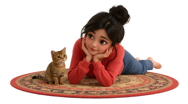 Animated Girl with Cat on Rug with transparent background. Transparent Background kitten animal isolated on a transparent background