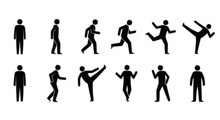 Illustration of Various Human Silhouettes Depicting Different Actions Such as Walking, Running, Kicking, and Posing, Representing Movement Concepts Whisk_a93ab792ae938a48cfc475f6afa28b03dr