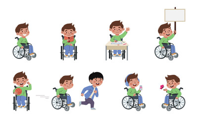 Vector cartoon of a boy in a wheelchair showing different activities: reading, studying, playing basketball, listening to music, using phone, spending time with friends. Isolated illustration