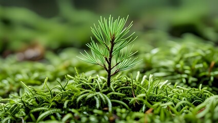 A baby pine tree seedling with thin green needles, sprouting from forest floor moss.