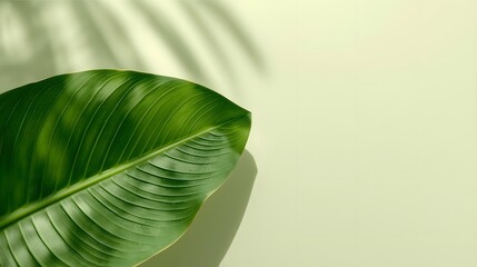 Green tropical leaf on a pastel background, isolated minimal design, natural soft light, high resolution, clean composition, eco friendly concept with space for text overla