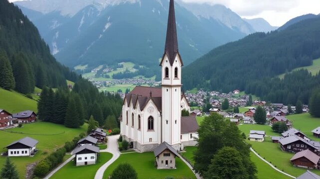 FPV aerial flight around the church and houses in Lauterbrunnen, Switzerland