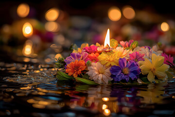 A Traditional Flower Offering with a Lit Candle Floating on Water During a Night Festival