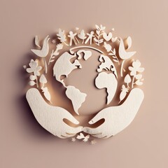 Hands Embracing Earth Surrounded by Floral Elements in Pastel Tones