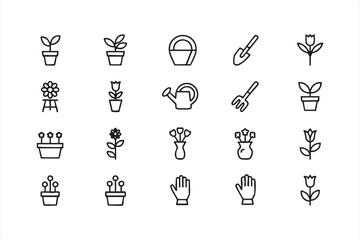 Flower and gardening tool outline illustrations for nature and outdoor use
