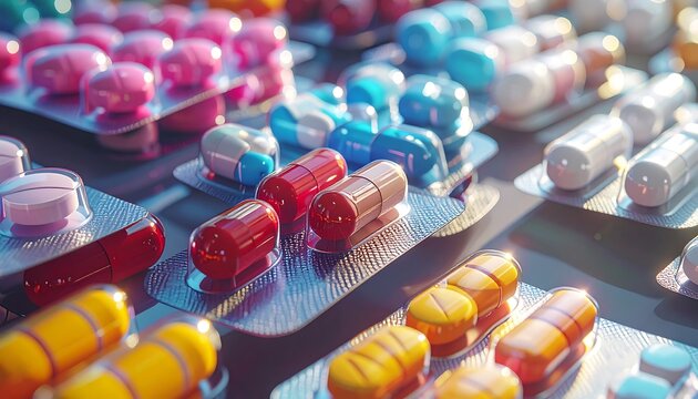 Close-up of various colorful medicine pills arranged in blister packs, showcasing pharmaceutical diversity