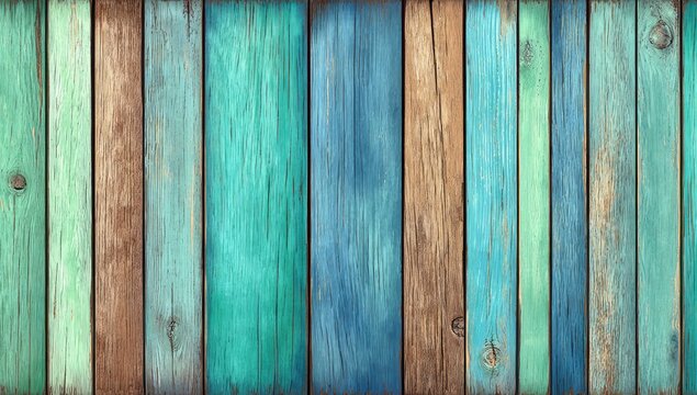 Vibrant, vertical wooden planks display a spectrum of teal, aqua, and muted brown hues, showcasing a weathered, rustic charm.
