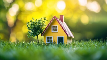 A yellow house with a red roof and green grass in front of it.