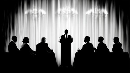 Leader Silhouette Addressing Audience at Formal Event with Dramatic Lighting