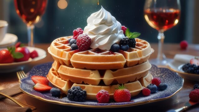 Indulge in delicious waffles topped with fresh berries and whipped cream, perfect for breakfast, brunch, or a delightful dessert any time of day