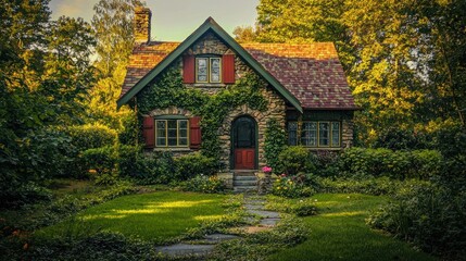 Obraz premium A charming stone cottage surrounded by lush greenery and a peaceful garden.
