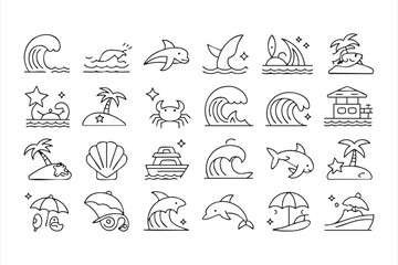Beach and ocean outline icons for summer travel and tropical vacation projects