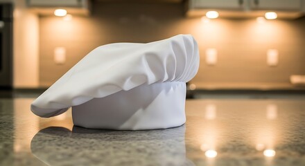 White Chef's Hat Resting on a Polished Countertop in a Kitchen