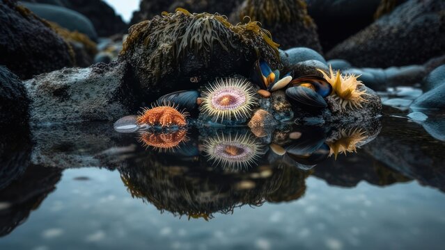 Mystical tide pool treasures reflecting beauty, with sea anemones, mussels, and seaweed creating tranquil natural ocean scene with serene, calming mood